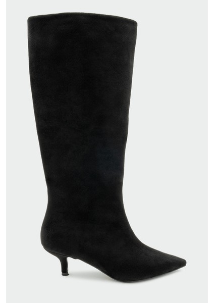 Polka Siyah Süet Sivri Burun Düz Çizme