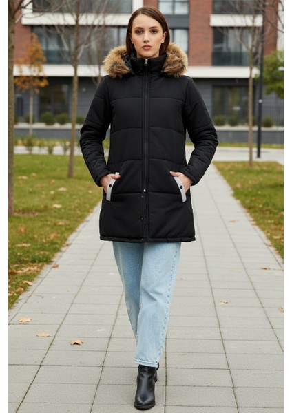 Kışlık Tasarım Suni Kürk Yaka Siyah Kadın Mont