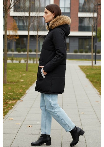 Kışlık Tasarım Suni Kürk Yaka Siyah Kadın Mont fiyatları