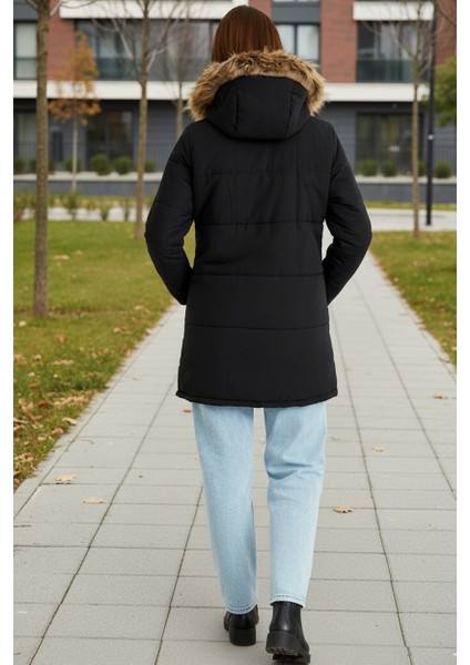 Kışlık Tasarım Suni Kürk Yaka Siyah Kadın Mont modelleri