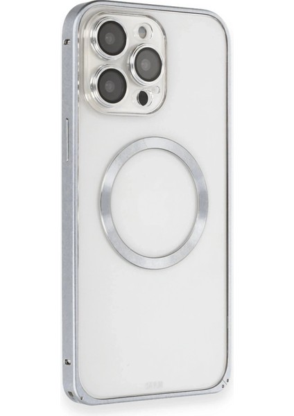 iPhone 15 Pro Max Kılıf Metal Bumper Magneticsafe Kapak - Gri