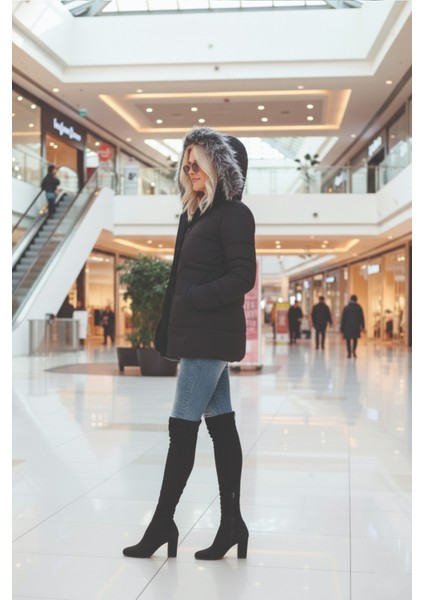 Kışlık Yaka Kürklü Uzun Kadın Şişme Mont modelleri