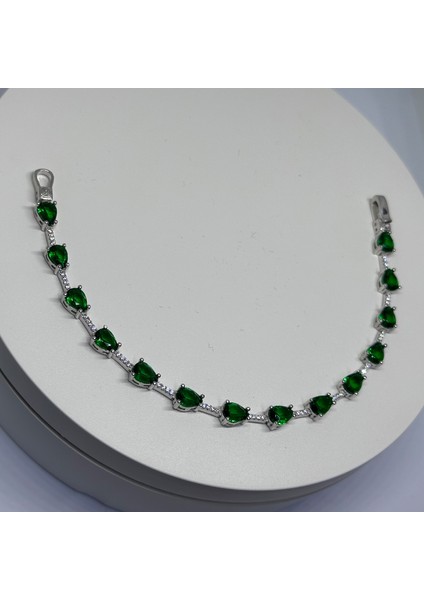 Gümüş Yeşil Zirkon Taşlı 925 Ayar Su Yolu Kadın Bileklik | Doğum Günü, Sevgililer Günü, Anneler Günü, Yıldönümü Hediyesi 19,5cm