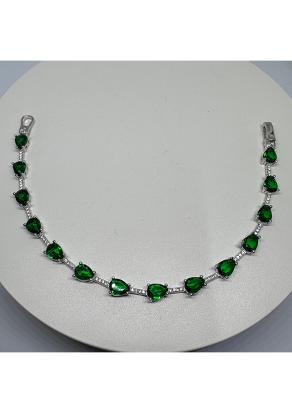 Gümüş Yeşil Zirkon Taşlı 925 Ayar Su Yolu Kadın Bileklik | Doğum Günü, Sevgililer Günü, Anneler Günü, Yıldönümü Hediyesi 19,5cm