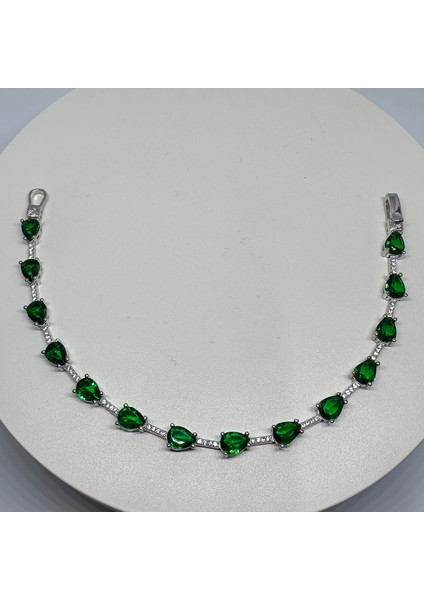 Gümüş Yeşil Zirkon Taşlı 925 Ayar Su Yolu Kadın Bileklik | Doğum Günü, Sevgililer Günü, Anneler Günü, Yıldönümü Hediyesi 19,5cm