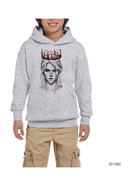 Witcher Ciri Gri Çocuk Kapşonlu Sweatshirt