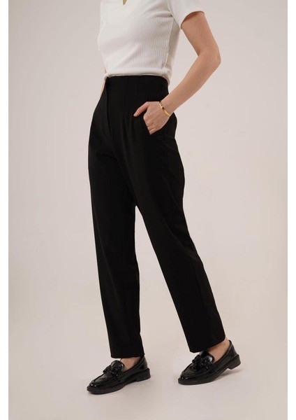 Çift Pens Detaylı Siyah Pantolon