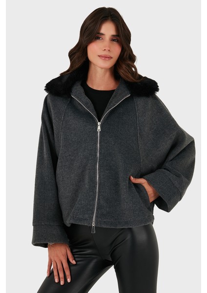 Pamuk Karışımlı Oversize Kürklü Yaka Yarasa Kol Kışa Kaşe Mont Bayan Mont 6839660