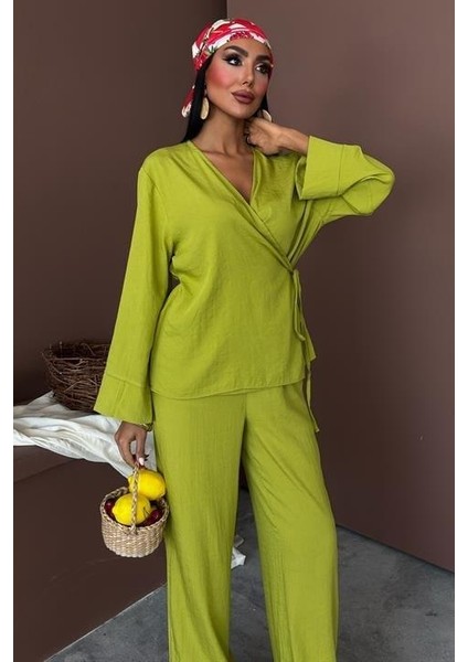 Kruvaze Model Klasik Pantolonlu Çupra Keten Takım 10191 modelleri