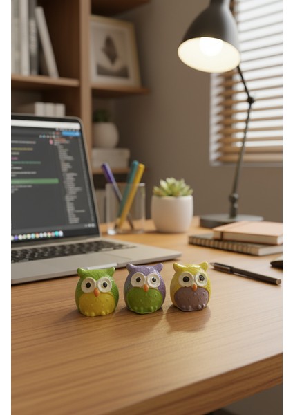 Üç Bilge Baykuş Seti-Renkli Dostlar Baykuş Seti-3’lü Dekoratif Mini Set- Yeşil - Lila - Sarı 4*4