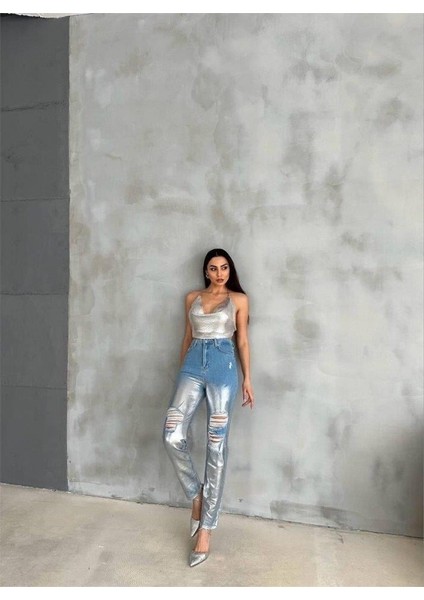 Diz Yırtık Varaklı Mom Kot Pantolon - Gümüş modelleri