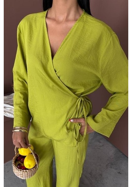 Kruvaze Model Klasik Pantolonlu Çupra Keten Takım 10191