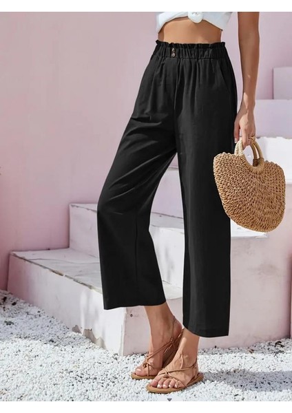 Kadın Bel Büzgü ve Düğme Detay Kapri Keten Pantolon fiyatları