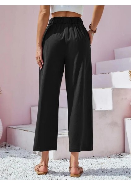Kadın Bel Büzgü ve Düğme Detay Kapri Keten Pantolon modelleri