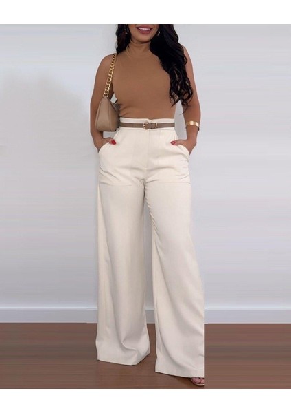 Kadın Yüksek Bel Geniş Paça Detaylı Cepli Ithal Krep Pantolon fiyatları