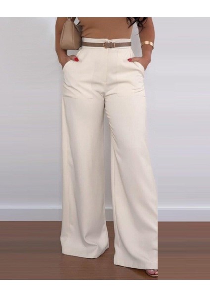 Kadın Yüksek Bel Geniş Paça Detaylı Cepli Ithal Krep Pantolon modelleri