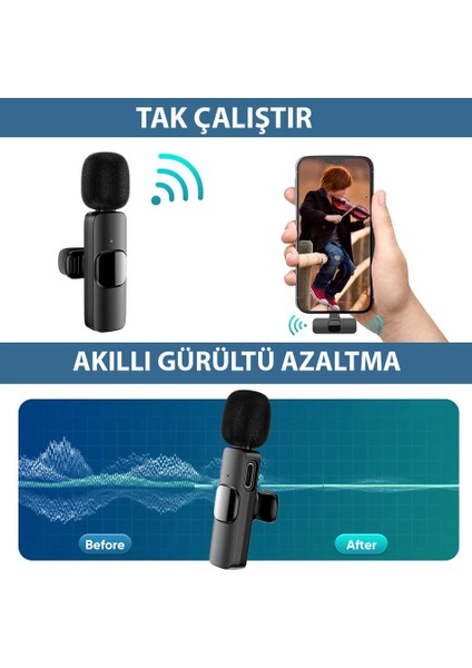 Type-C Uyumlu Kablosuz Yaka Mikrofonu Tak Çalıştır Çiftli Yaka Mikrofonu Küçük Yaka Klipsli Mini Mikrofon Kayıt, Vlog, Youtube, Tiktok Için fiyatları