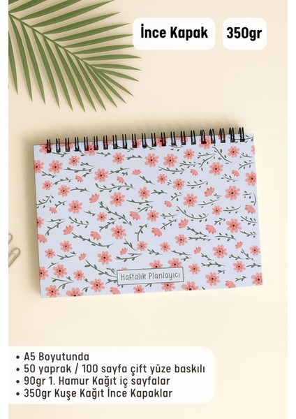 Haftalık Planlayıcı A5 Defter, Esnek Ince Karton Kapaklı, 1 Yıllık Planlayıcı, Pembe Çiçekli