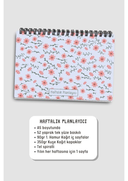 Haftalık Planlayıcı A5 Defter, Esnek Ince Karton Kapaklı, 1 Yıllık Planlayıcı, Pembe Çiçekli fırsatları