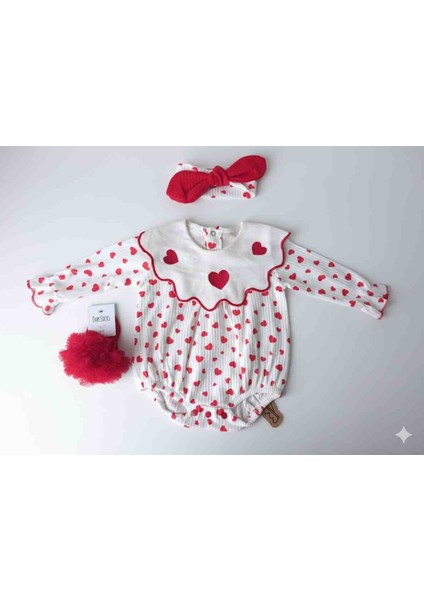 %100 Pamuklu Kız Bebek Kalpli Bandana ve Çorap Zıbın 3'lu Takım
