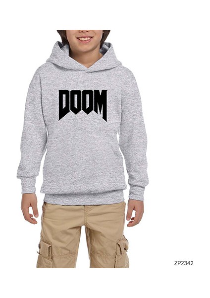 Doom Logo Gri Çocuk Kapşonlu Sweatshirt