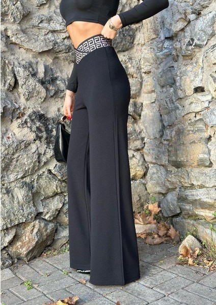 Kadın Belde Kruvaze ve Ribana Detay Ispanyol Paça Ithal Krep Pantolon