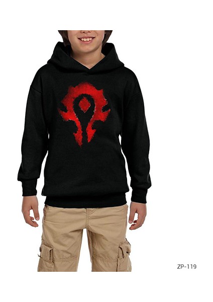 World Warcraft Logo Siyah Çocuk Kapşonlu Sweatshirt