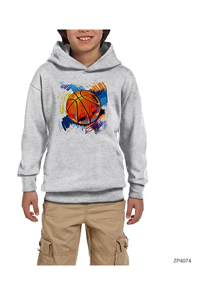 Basketbol Topu Gri Çocuk Kapşonlu Sweatshirt