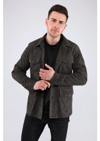 Erkek Safari Düğmeli Hakiki Deri Antrasit Süet Ceket modelleri