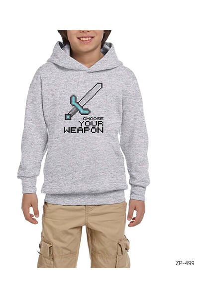 Mine-Craft Choose Your Weapon Gri Çocuk Kapşonlu Sweatshirt