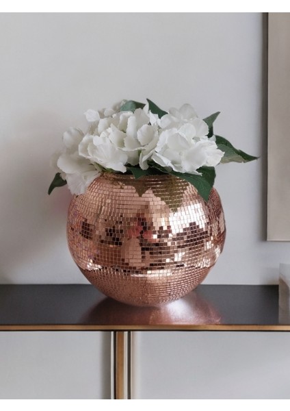 Aynalı Cam Vazo Yuvarlak Büyük Boy Rose Gold