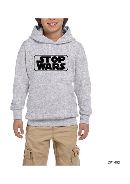 Stop Wars Gri Çocuk Kapşonlu Sweatshirt