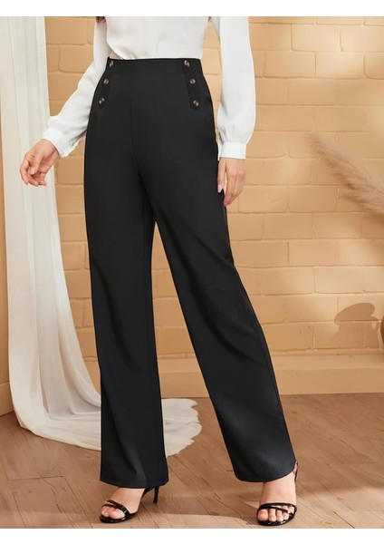 Kadın Düğme Detay Bol Paça Ithal Krep Pantolon