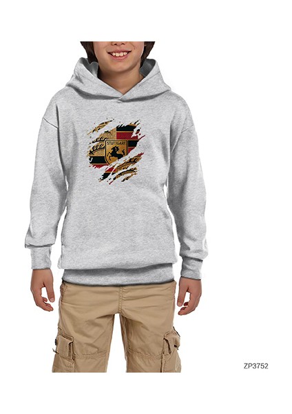 Porshe Tear Torn Gri Çocuk Kapşonlu Sweatshirt