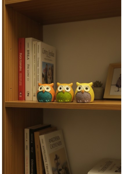 Üç Bilge Baykuş Seti-Renkli Dostlar Baykuş Seti-3’lü Dekoratif Mini Set- Turuncu-Somon-Sarı 4*4