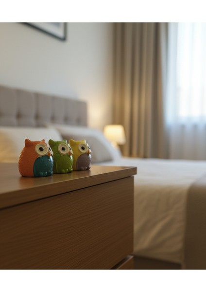 Üç Bilge Baykuş Seti-Renkli Dostlar Baykuş Seti-3’lü Dekoratif Mini Set- Turuncu-Somon-Sarı 4*4 modelleri