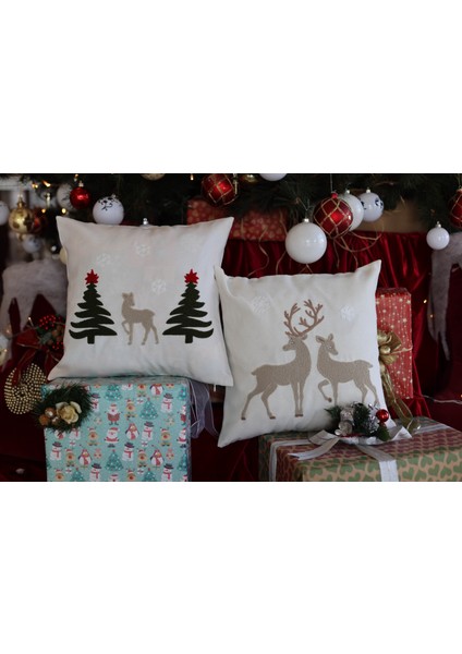 Yılbaşına Özel Geyikli-Agacli Punch Kırlent Kılıfı