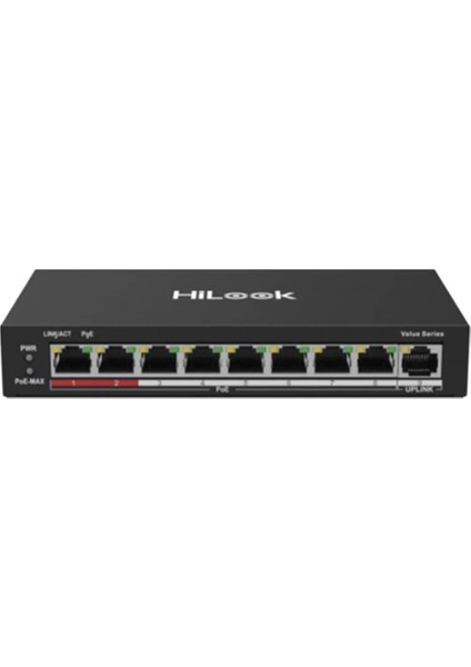 Hılook NS-0109P-60(B), 8 Port, Megabit, Poe 60W, 1 Port Megabit Uplink, Long Range 250METRE, Yönetilemez, Masaüstü Switch