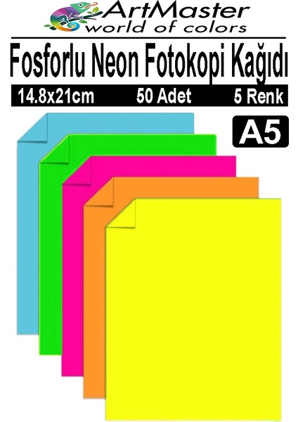 Fosforlu Neon Renkli A5 Fotokopi Kağıdı 50 Adet 1 Paket 14.8X21 cm Fosforlu 5 Renk Parlak Canlı Renkler Neon Fotokopi
