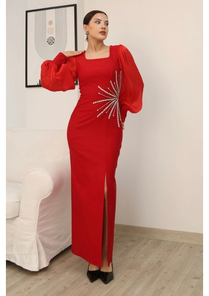 Taş Süslemeli Kare Yaka Balon Kol Yırtmaçlı Abiye Elbise 2345-KIRMIZI
