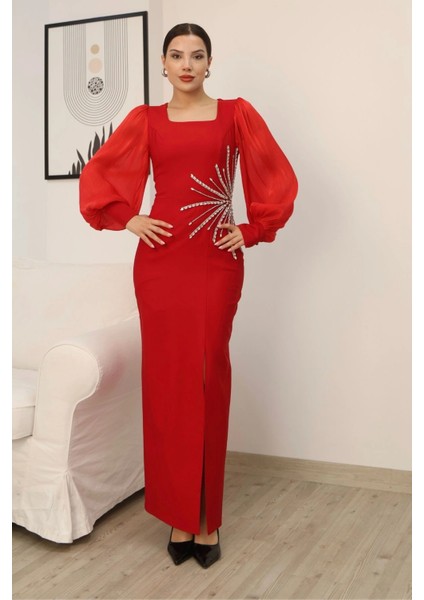 Taş Süslemeli Kare Yaka Balon Kol Yırtmaçlı Abiye Elbise 2345-KIRMIZI fiyatları