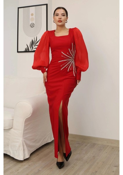 Taş Süslemeli Kare Yaka Balon Kol Yırtmaçlı Abiye Elbise 2345-KIRMIZI modelleri