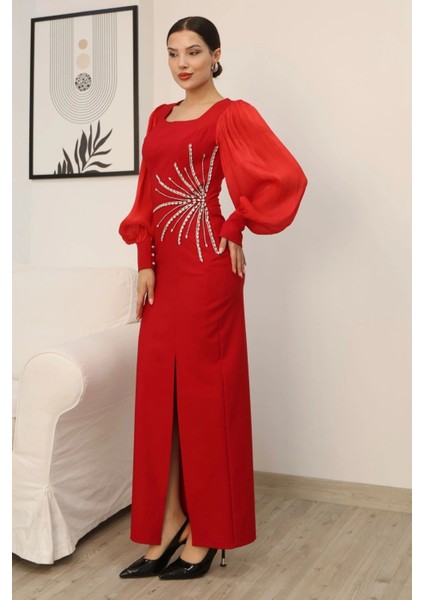 Taş Süslemeli Kare Yaka Balon Kol Yırtmaçlı Abiye Elbise 2345-KIRMIZI fırsatları