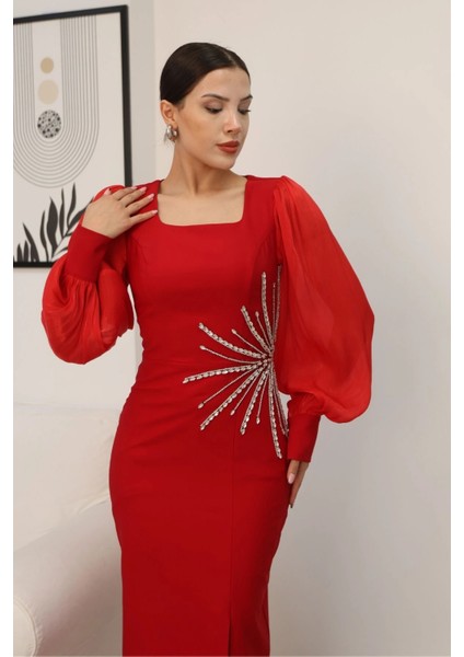 Taş Süslemeli Kare Yaka Balon Kol Yırtmaçlı Abiye Elbise 2345-KIRMIZI indirimleri
