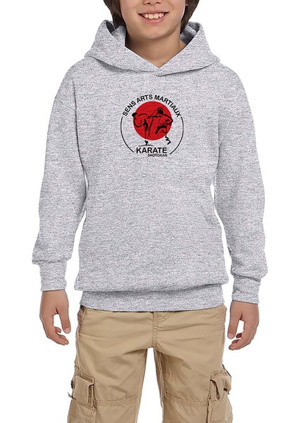 Karete Shotokan Red Circle Gri Çocuk Kapşonlu Sweatshirt