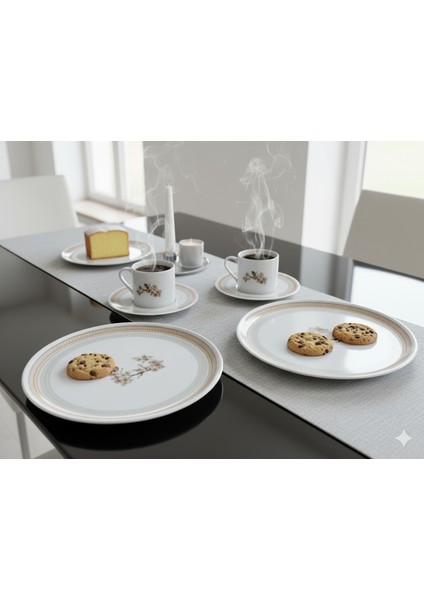 Pink Flower Porselen Pasta Kahve Servis Sunum Seti 2 Kişilik