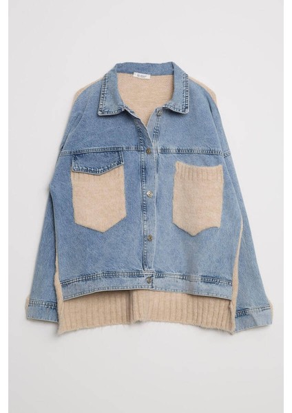 Triko Panel Detaylı Oversize Kot Ceket