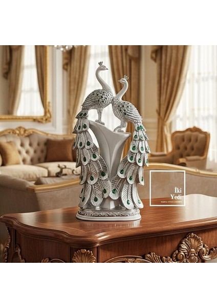Amarillo 77-1 Gümüş Renkli Tavus Kuşu Biblo 51,5 cm – Lüks Dekoratif Obje, Ev Ofis Masa Süsü Heykel fiyatları