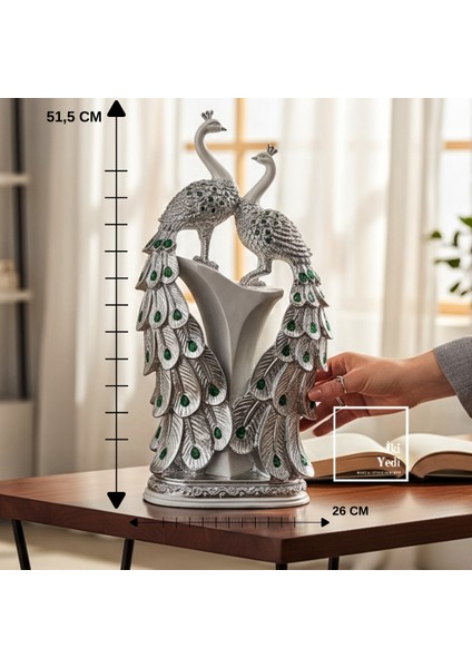 Amarillo 77-1 Gümüş Renkli Tavus Kuşu Biblo 51,5 cm – Lüks Dekoratif Obje, Ev Ofis Masa Süsü Heykel modelleri