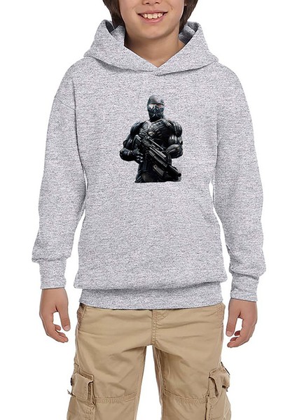 Crysis Black Fighter Gri Çocuk Kapşonlu Sweatshirt